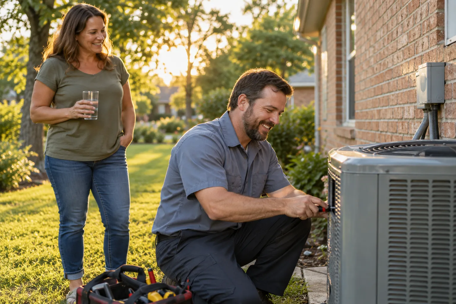 A friendly local provider checking an outdoor AC unit beside a brick home in the Conyers area while a homeowner looks on