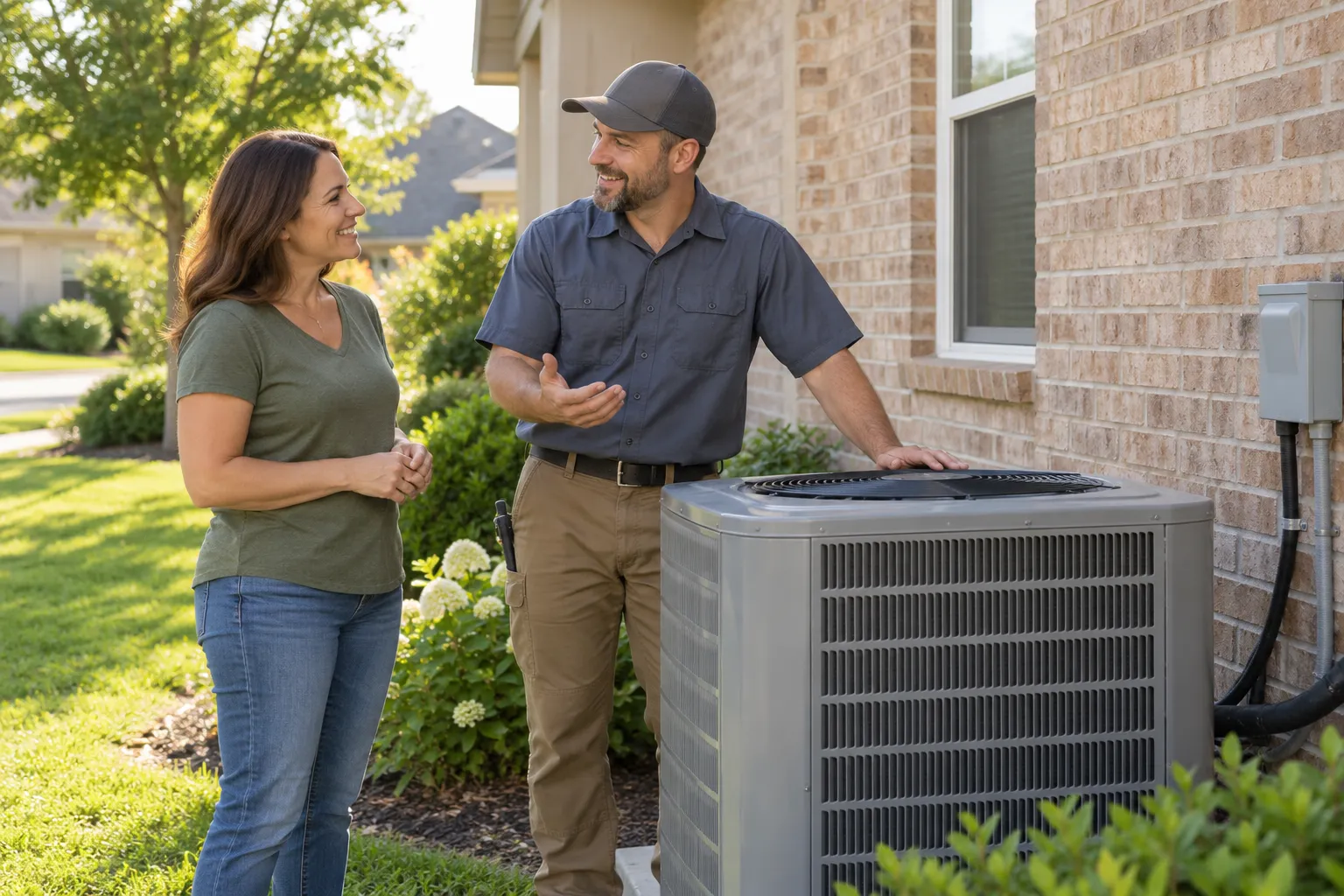 A friendly local provider and a homeowner talking calmly beside an outdoor AC unit in Conyers